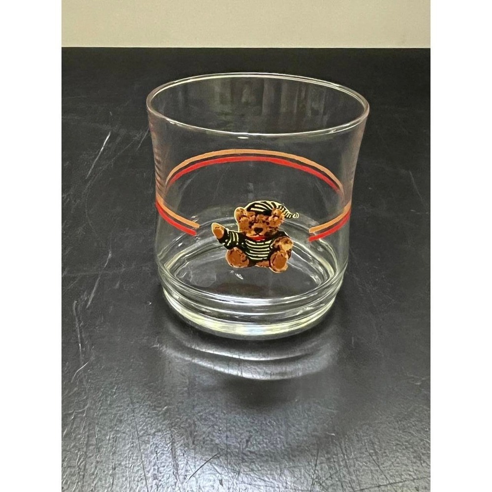 Unbranded Rocks Glass Clear Red Orange Teddy Bear Striped Retro 3.5in